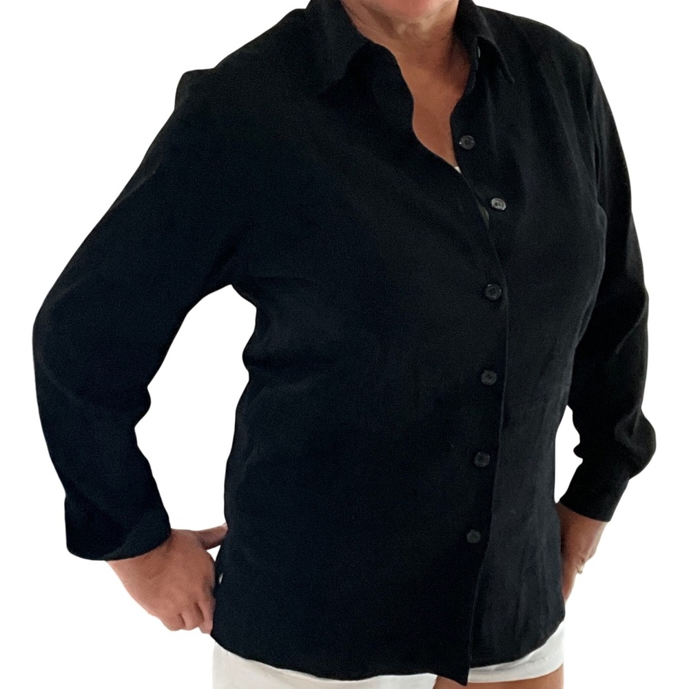 Talbots Stretch Velvet Button-Up Shirt Black Long Sleeve Collared Career Top M
